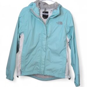 The North Face Women's Light Teal Blue and White Windbreaker Jacket, Size Med